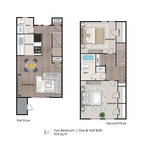 Floor plan for 2 beds, 1.5 baths, 975 sqft